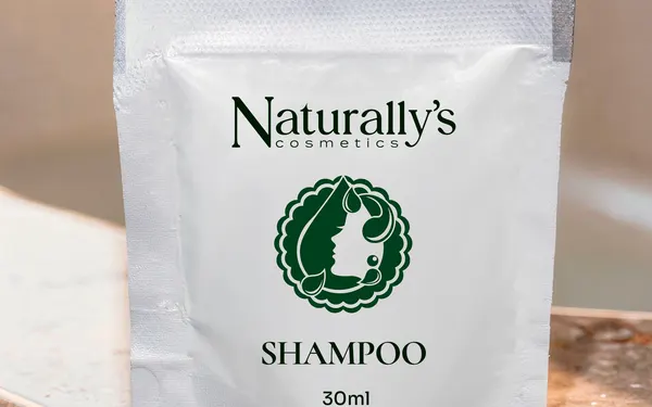 Sachê branco de mini shampoo 30 ml para hotelaria