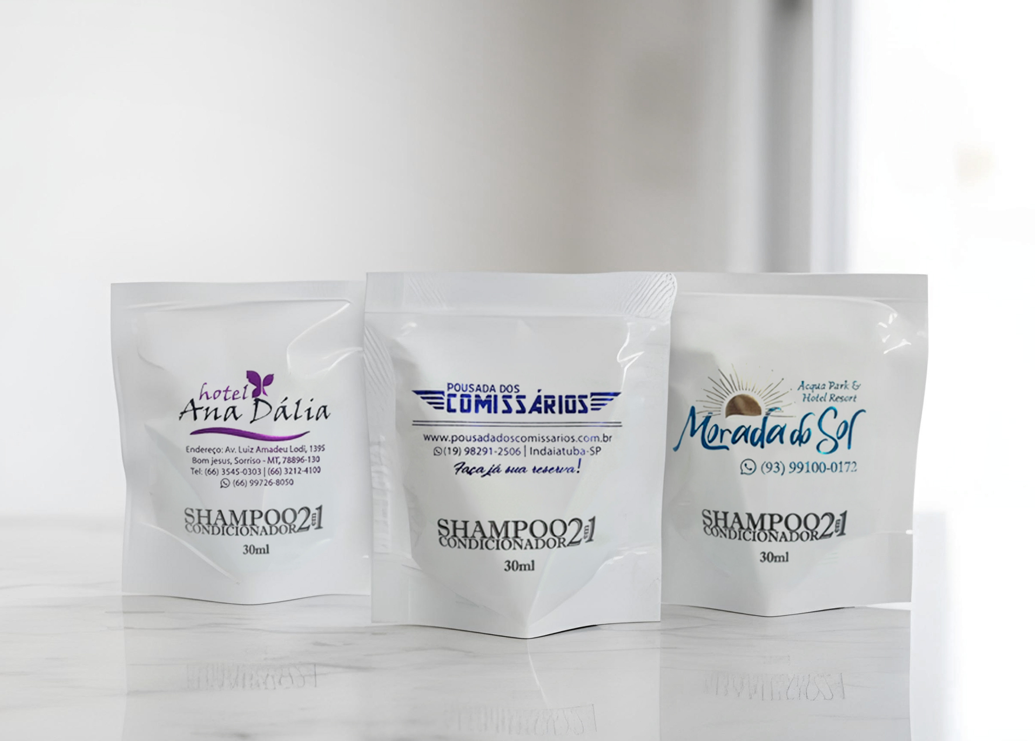 Sachês personalizados com a marca do hotel